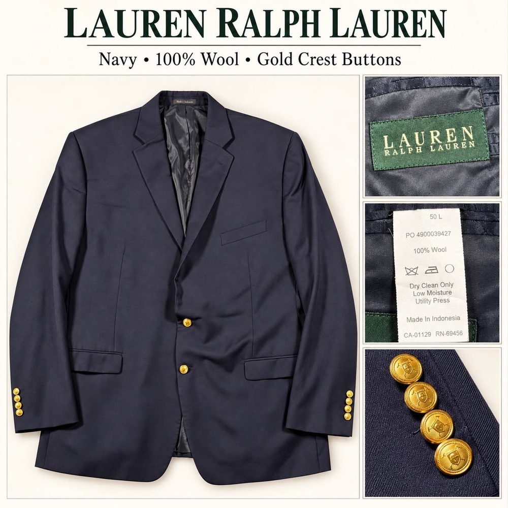 Ralph Lauren Blazer Mens 50L Navy Blue 100% Wool Gold Crest Button Coat Jacket